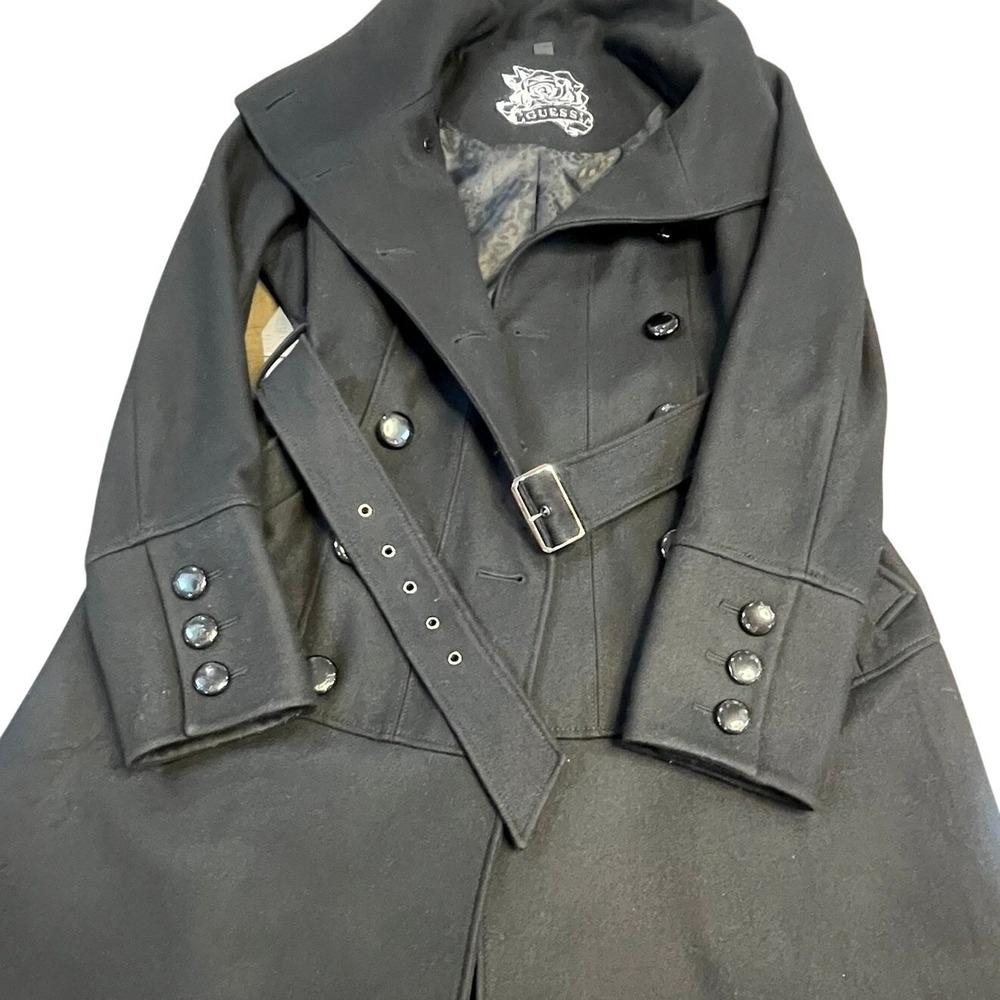 Guess Black Military Double-Breasted Wool Blend Peacoat Belted Jacket Size M